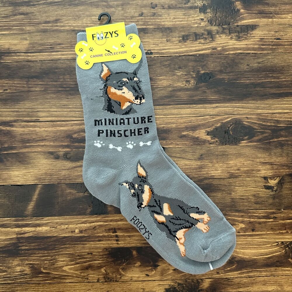 NWT Foozys Grey Miniature Pinscher Print Crew Socks Women One Size